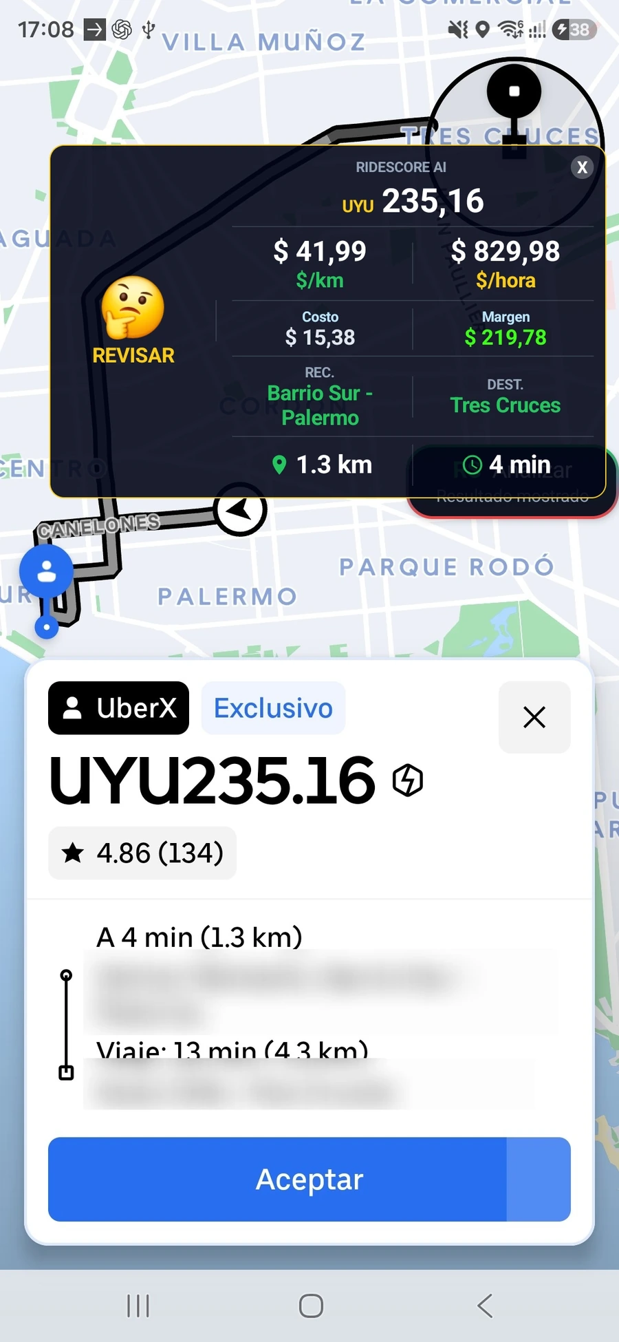 Captura real del overlay actual de RideScore sobre una oferta visible