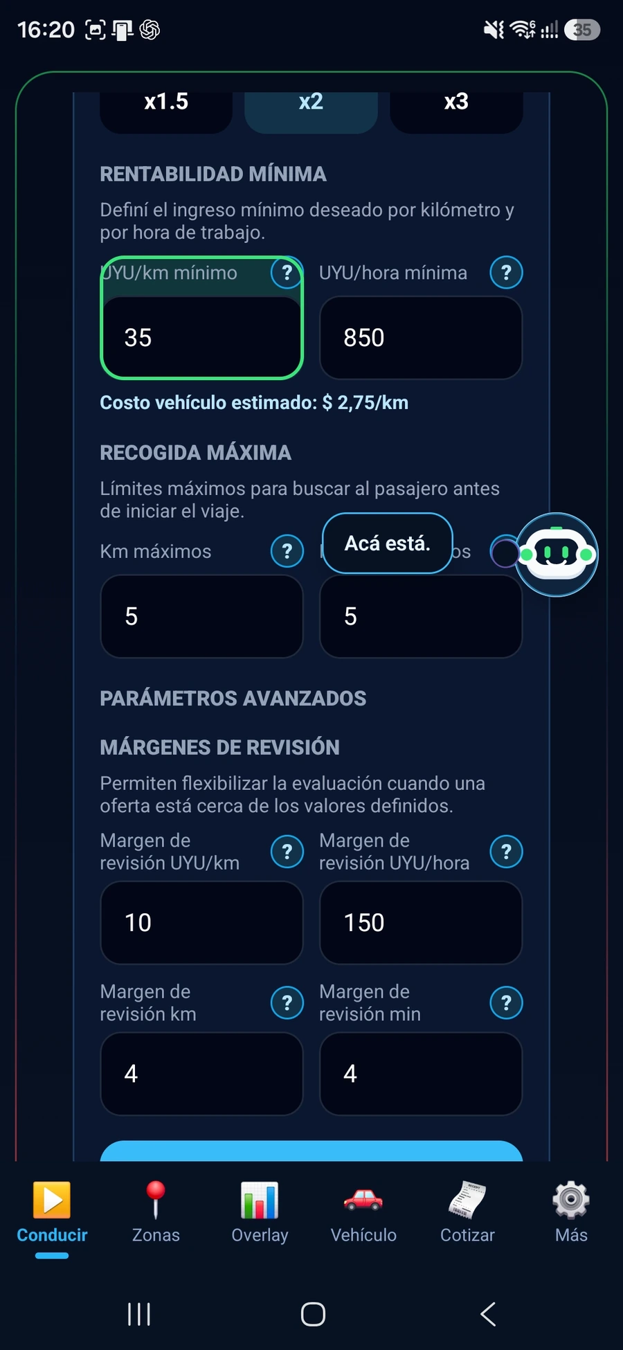 Asistente de RideScore señalando un parámetro de configuración