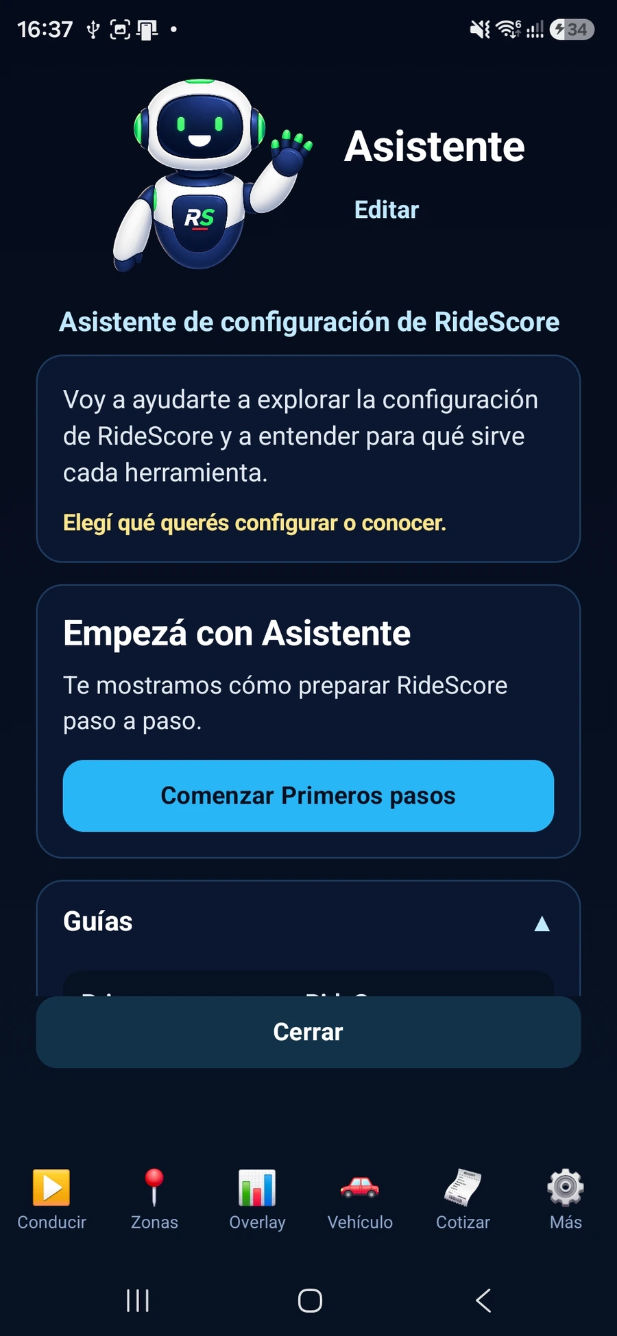 Pantalla principal del Asistente de RideScore